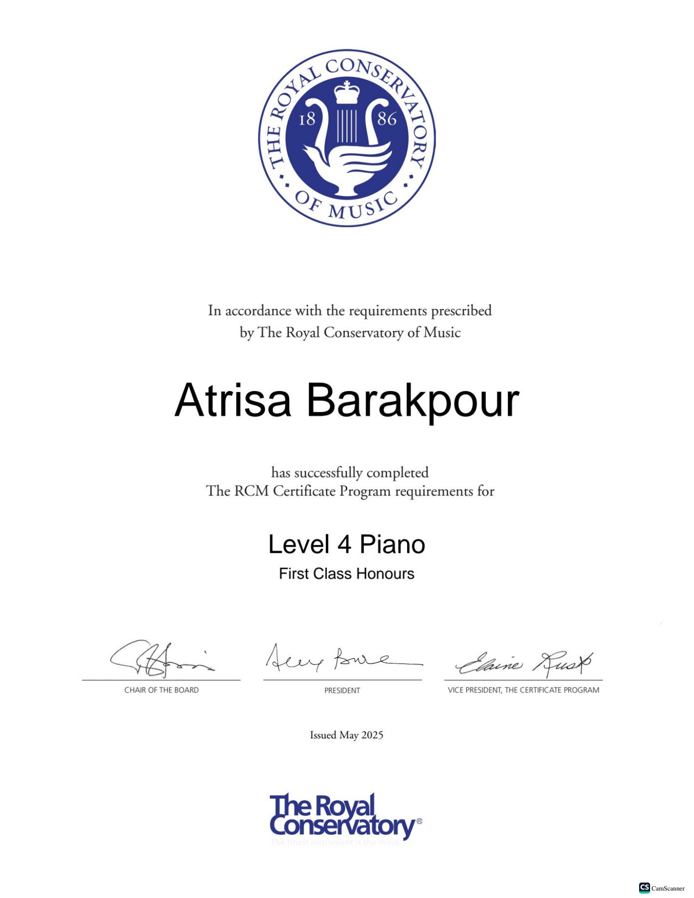 Atrisa Barakpour - RCM Level 4 Piano Certificate