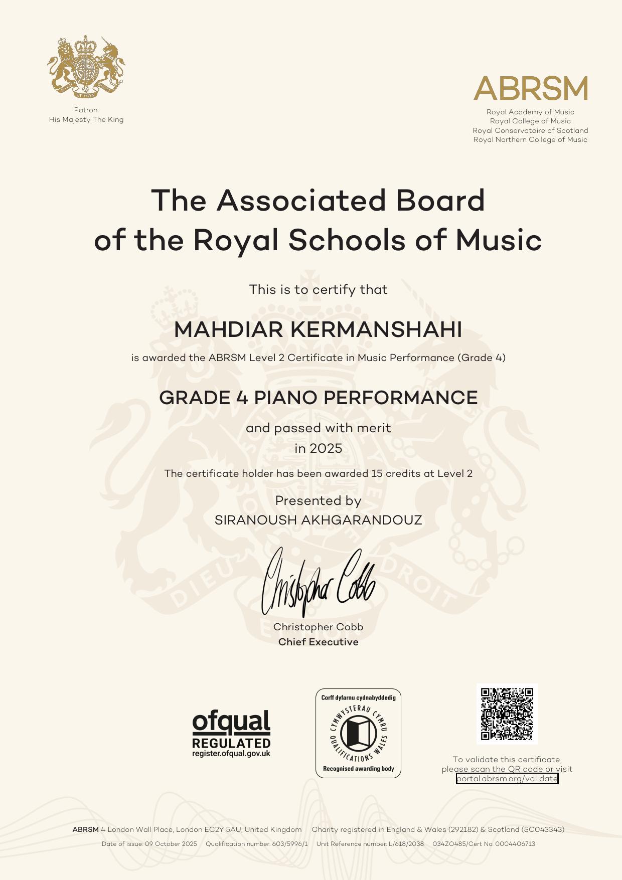 Mahdiar Kermanshahi - ABRSM Grade 4 Piano Certificate