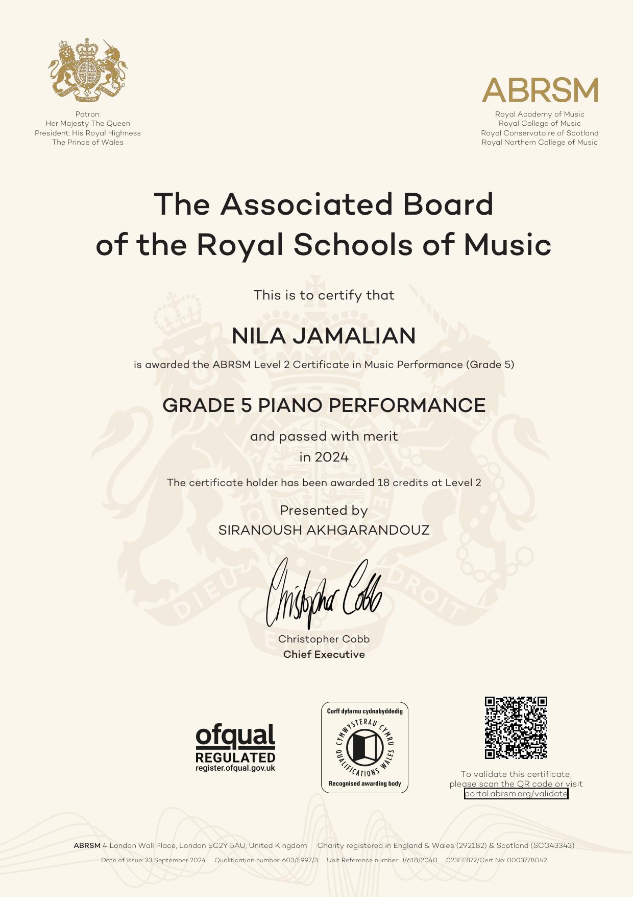 Nila Jamalian - ABRSM Grade 5 Piano Certificate